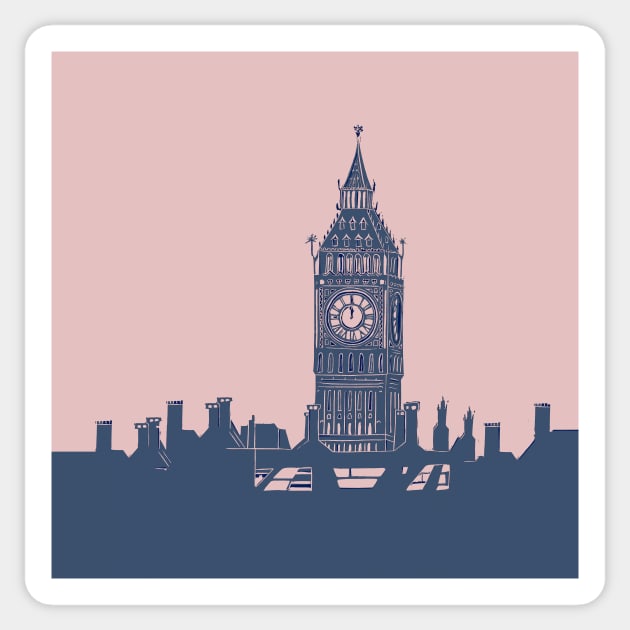 Big Ben London Skyline Linocut Blue and Pink Sticker by Maddybennettart